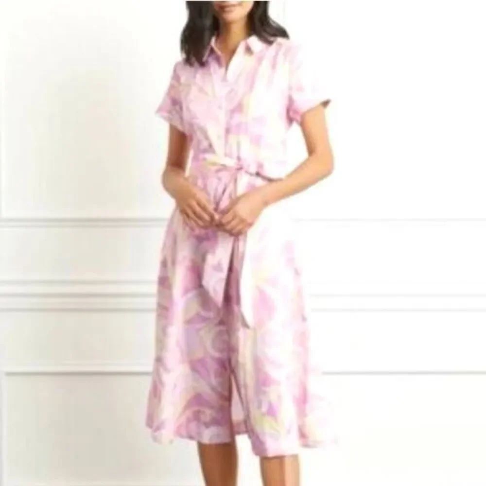 Hill House The Lily Pink Candy Kaleidoscope Linen midi Shirt Dress Sz XXS